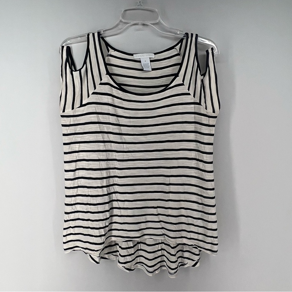 Design History women’s black and cream stripped cold shoulder shirt size Medium
